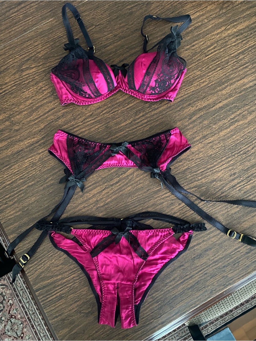 Agent Provocateur Fuchsia Satin & Black Lace Lingerie Set - 3 Piece